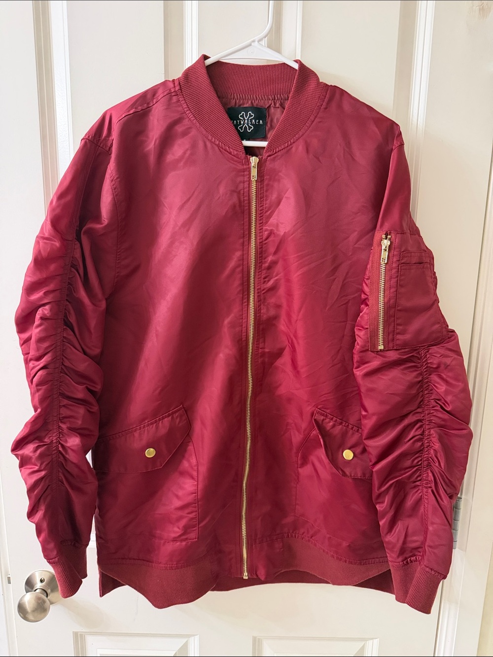 Ruched Sleeve Burgundy Bomber Jacket with Gold Zip
